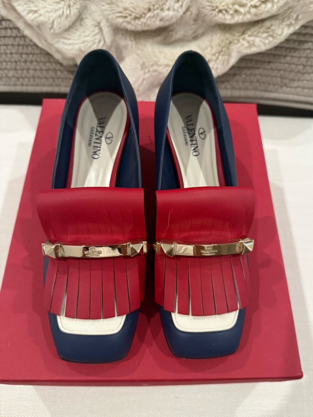 Valentino Red, Navy & White Fringe Leather Loafers with Gold Hardware